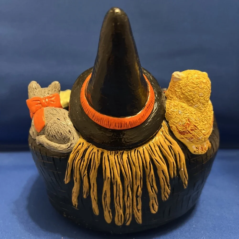 Vtg '85Accents Unltd Halloween Trick Or Treat Witch Owl Cat Chalkware Candy Bowl